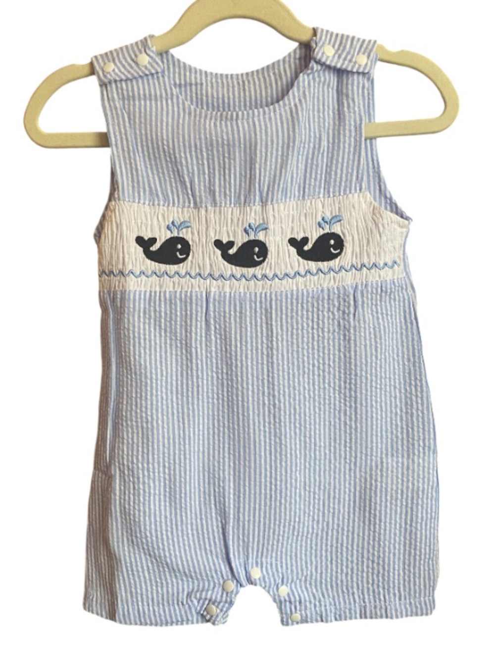 Blue & White Seersucker Baby Whale Romper Boutique NEW Size 9-12 Months